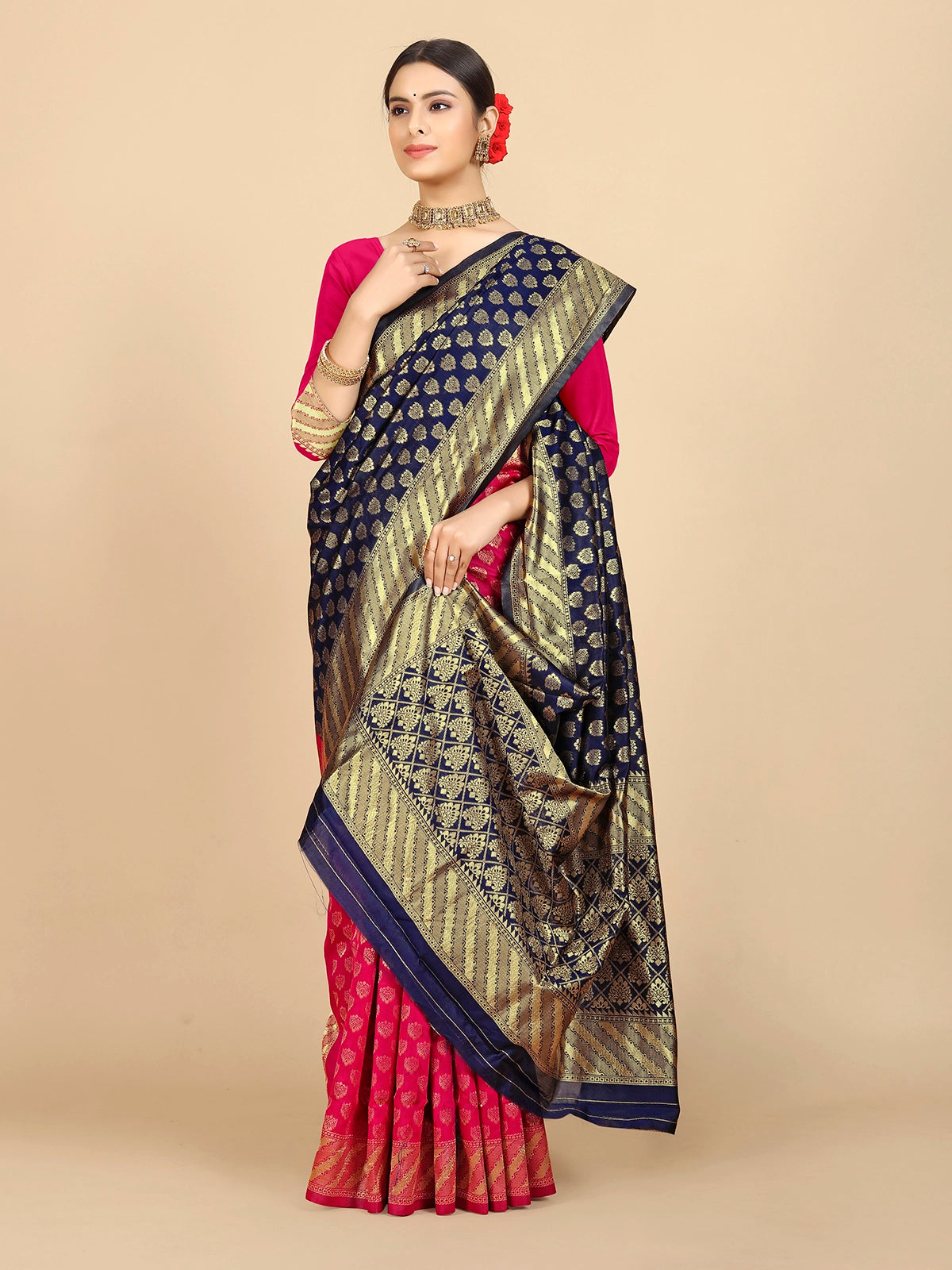 Buy Banarasi Silk Jacquard Saree With Blouse Piece-Navy Blue