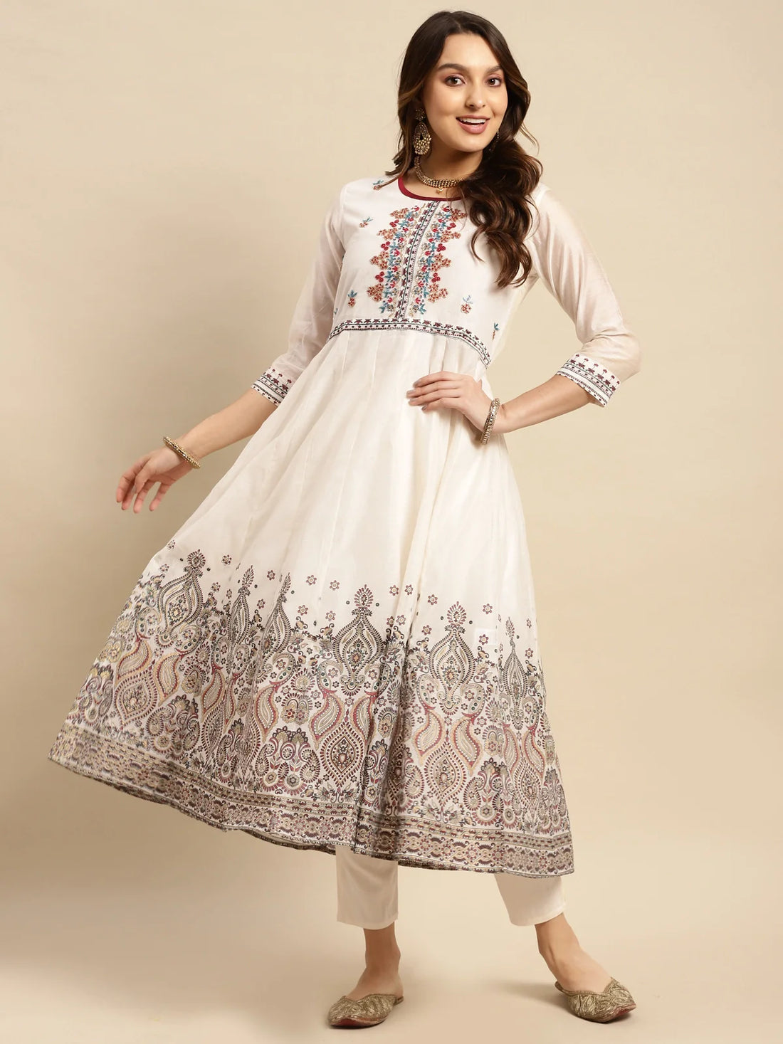 Buy Chanderi Yoke Embroidered Calf Length Anarkali Kurta-Off White
