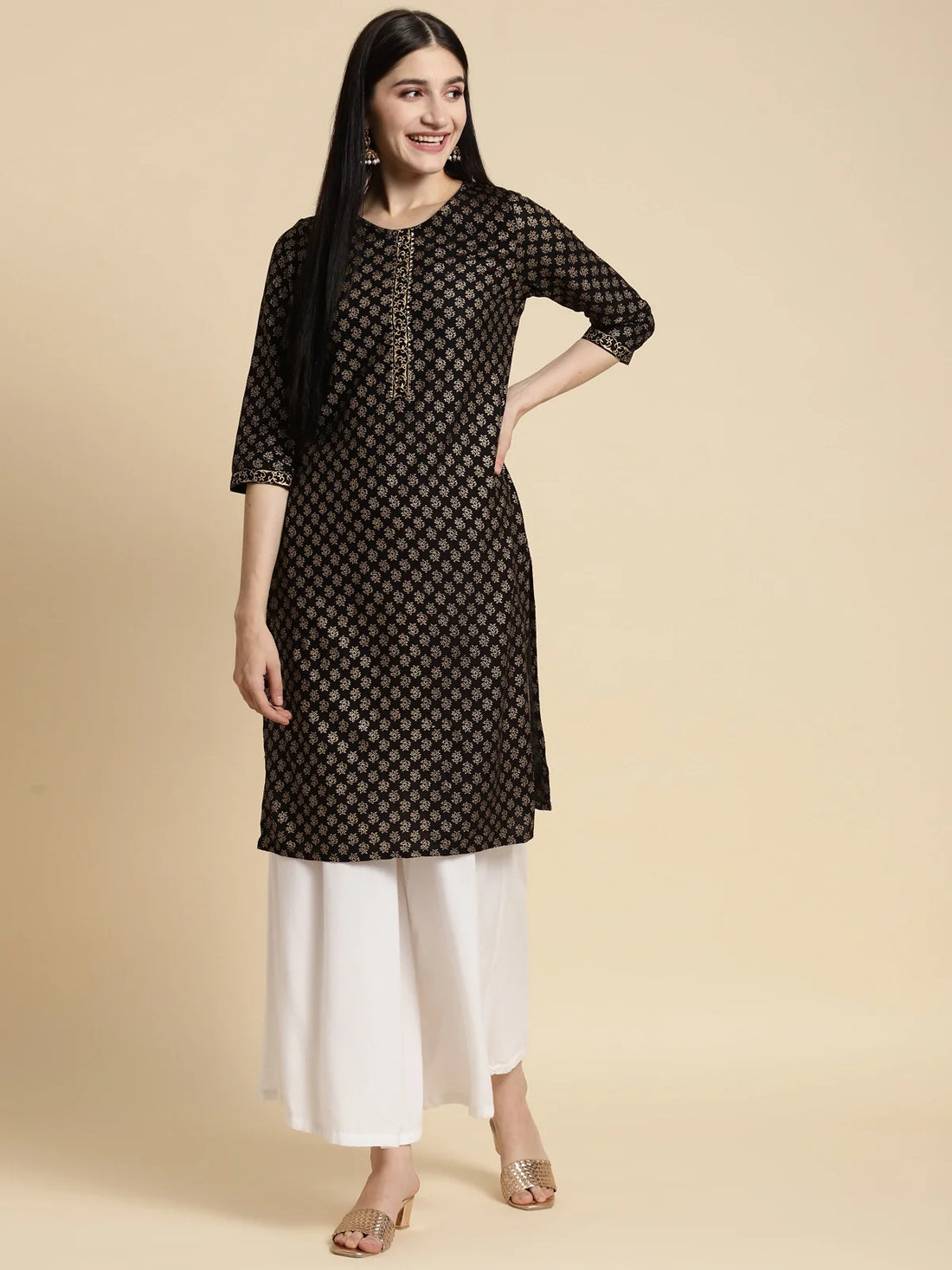 Buy Rayon Gold Printed Knee Length Straight Kurta-Black