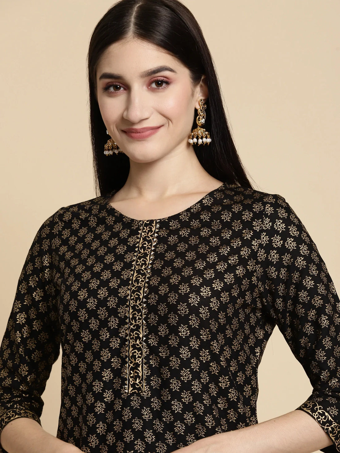 Buy Rayon Gold Printed Knee Length Straight Kurta-Black