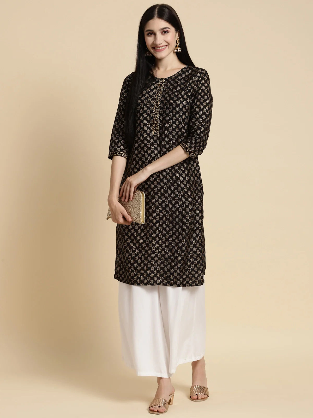 Buy Rayon Gold Printed Knee Length Straight Kurta-Black