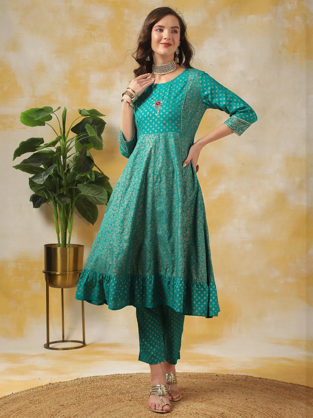 Buy Rayon Yoke Embroidered Calf Length Anarkali Kurta With Pant-Turquoise