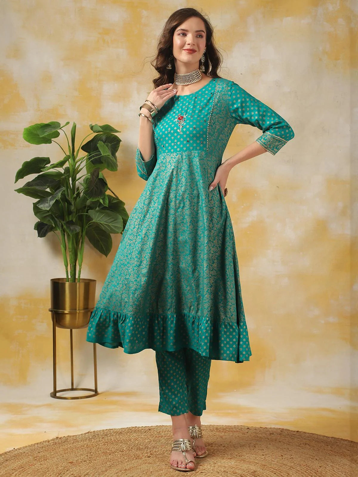 Buy Rayon Yoke Embroidered Calf Length Anarkali Kurta With Pant-Turquoise