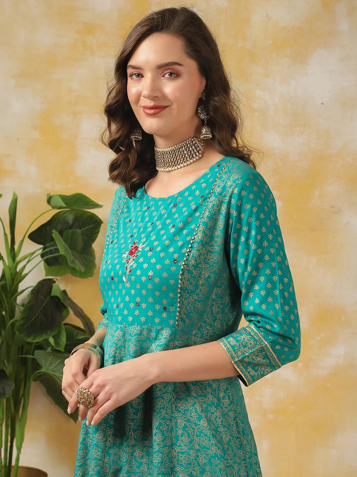 Buy Rayon Yoke Embroidered Calf Length Anarkali Kurta With Pant-Turquoise