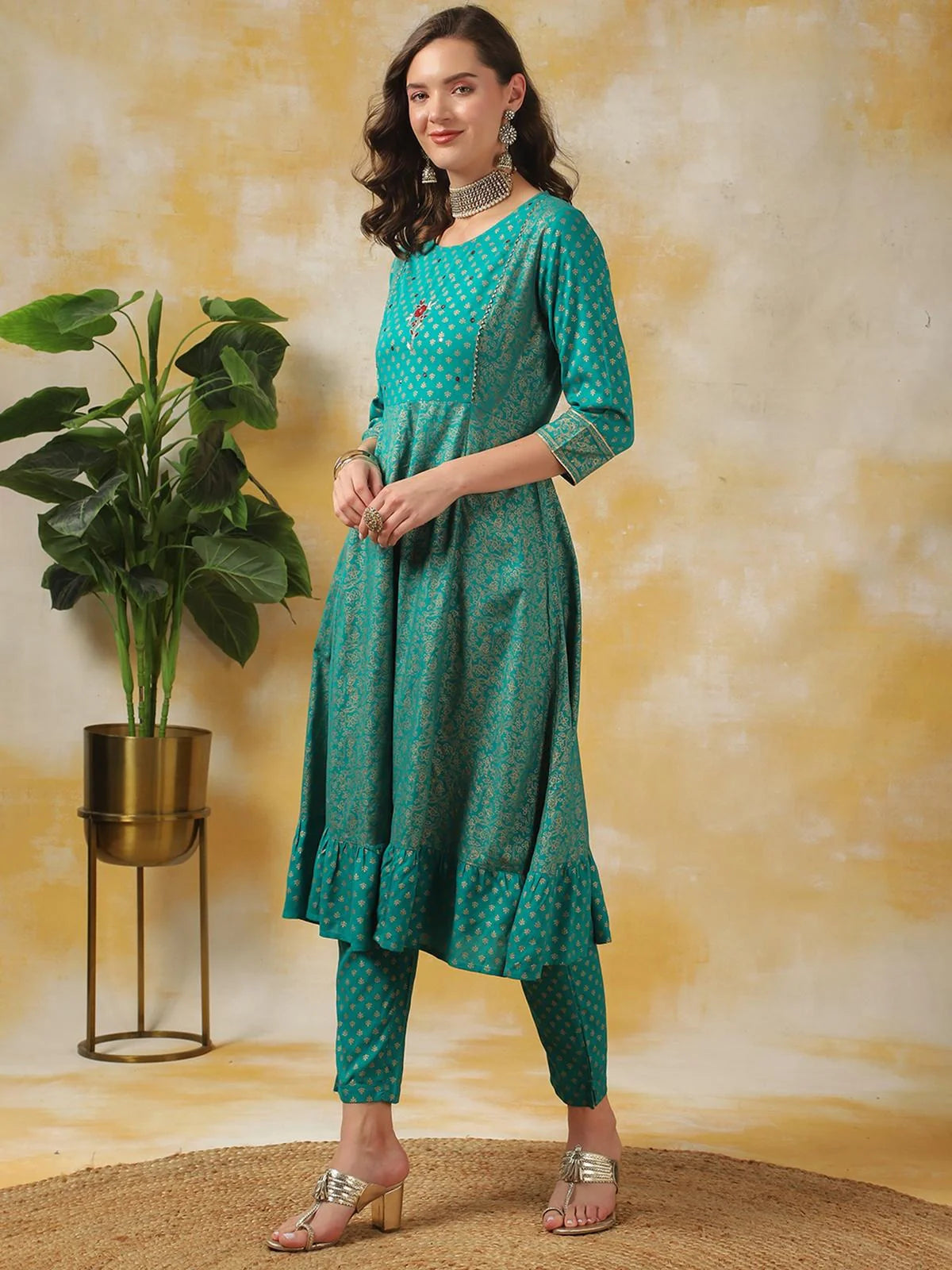 Buy Rayon Yoke Embroidered Calf Length Anarkali Kurta With Pant-Turquoise