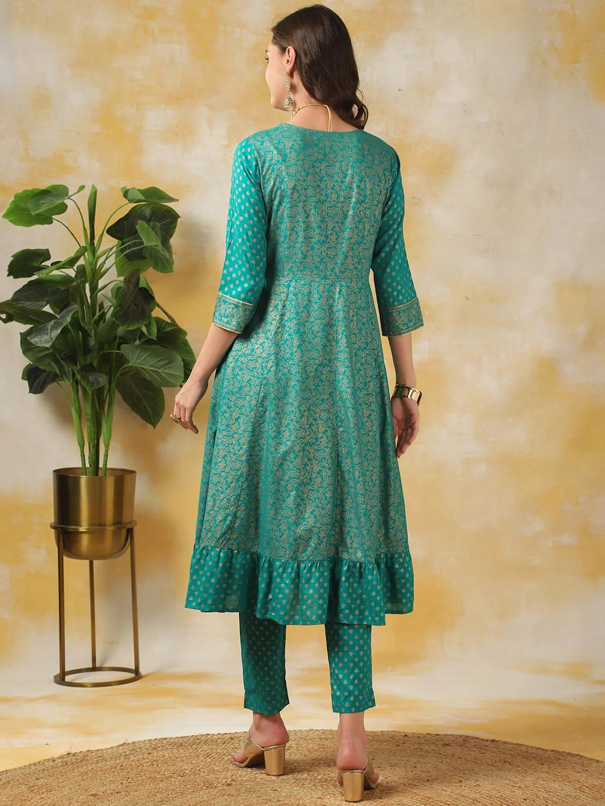 Buy Rayon Yoke Embroidered Calf Length Anarkali Kurta With Pant-Turquoise