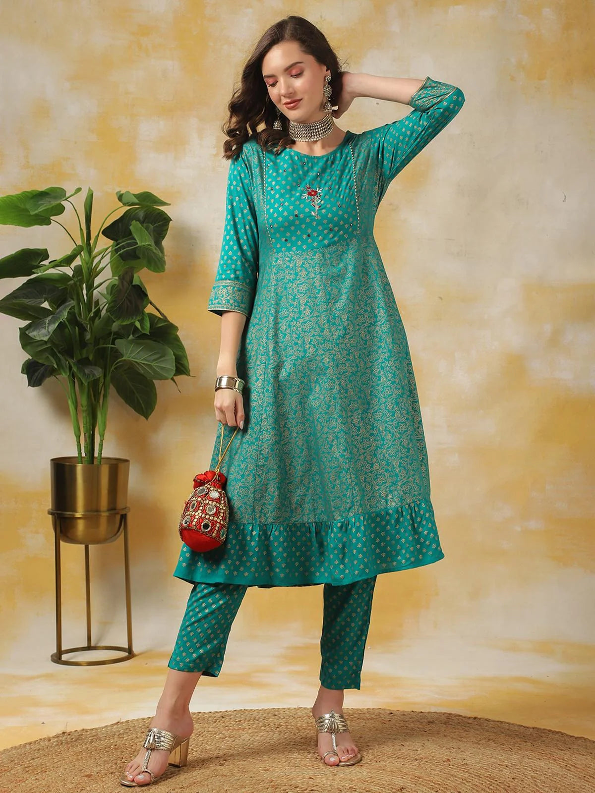 Buy Rayon Yoke Embroidered Calf Length Anarkali Kurta With Pant-Turquoise