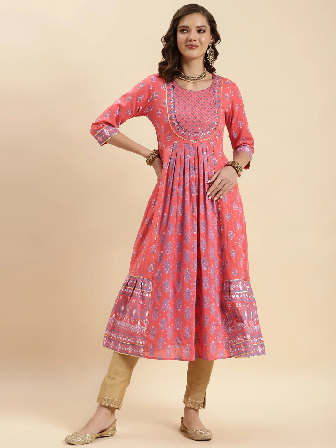 Buy Cotton Embroidered Calf Length Anarkali Kurta-Pink