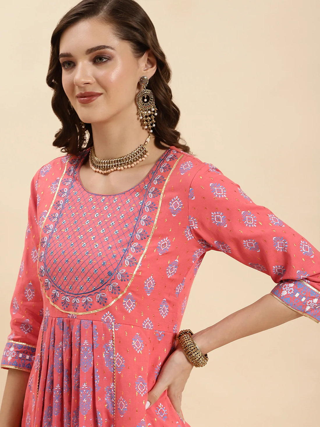 Buy Cotton Embroidered Calf Length Anarkali Kurta-Pink