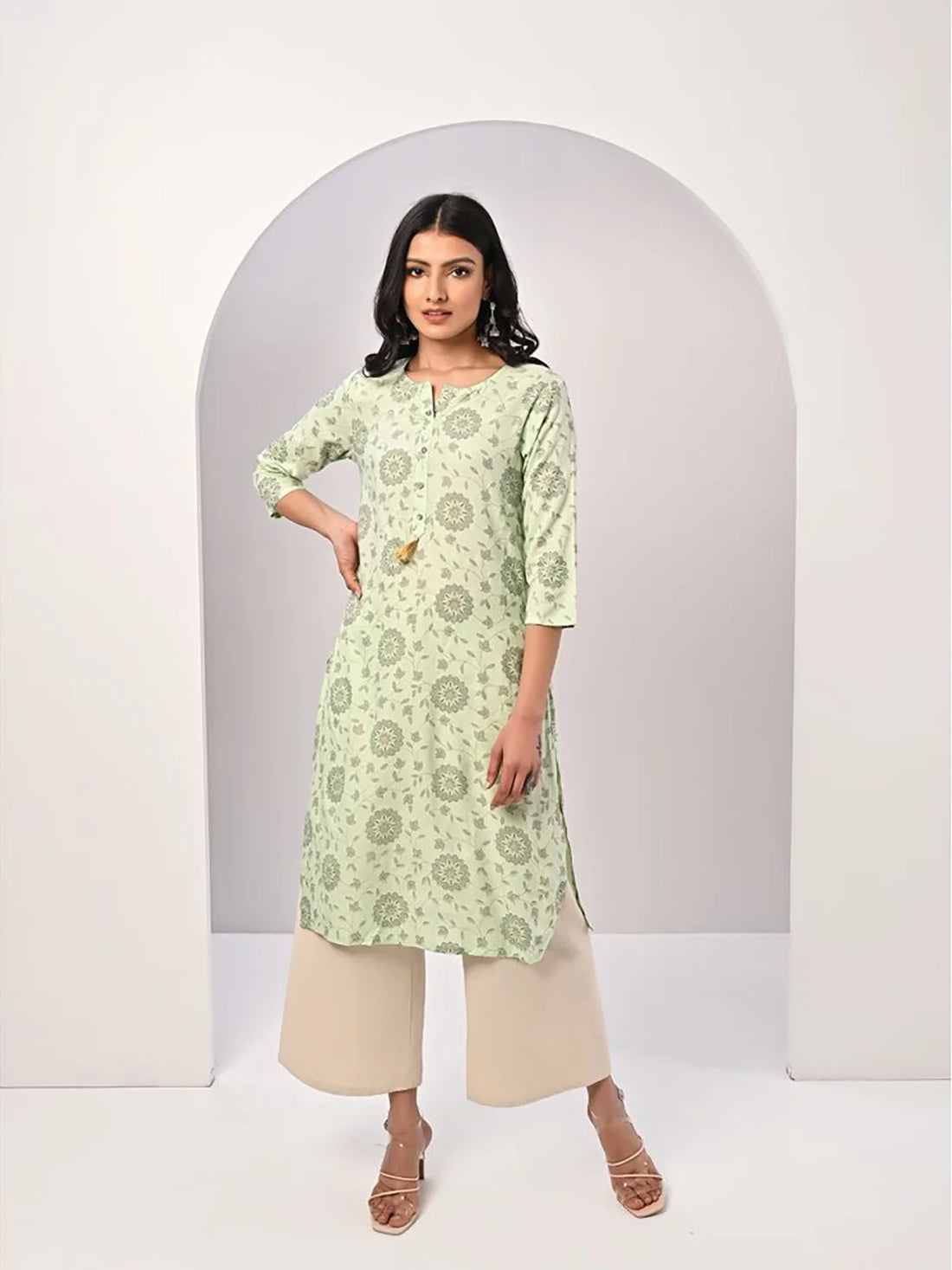 Buy Rayon Floral Gold Printed Calf Length A-line Kurta-Mint Green