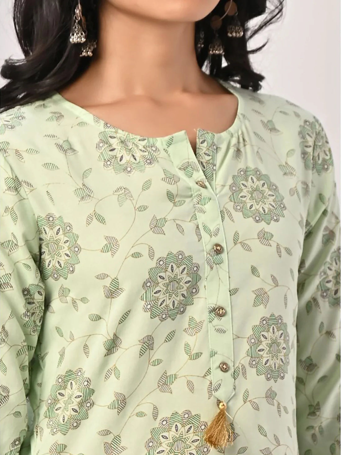 Buy Rayon Floral Gold Printed Calf Length A-line Kurta-Mint Green