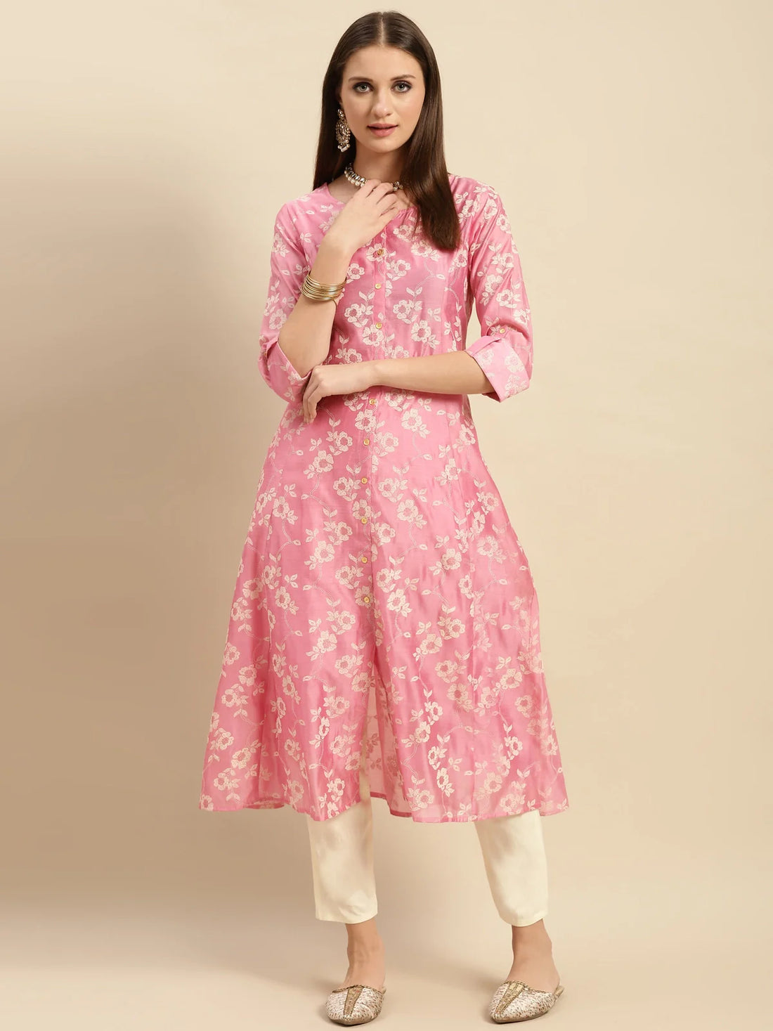 Buy Chanderi Gold Puff Printed Calf Length Partywear Kalidar Kurta-Pink