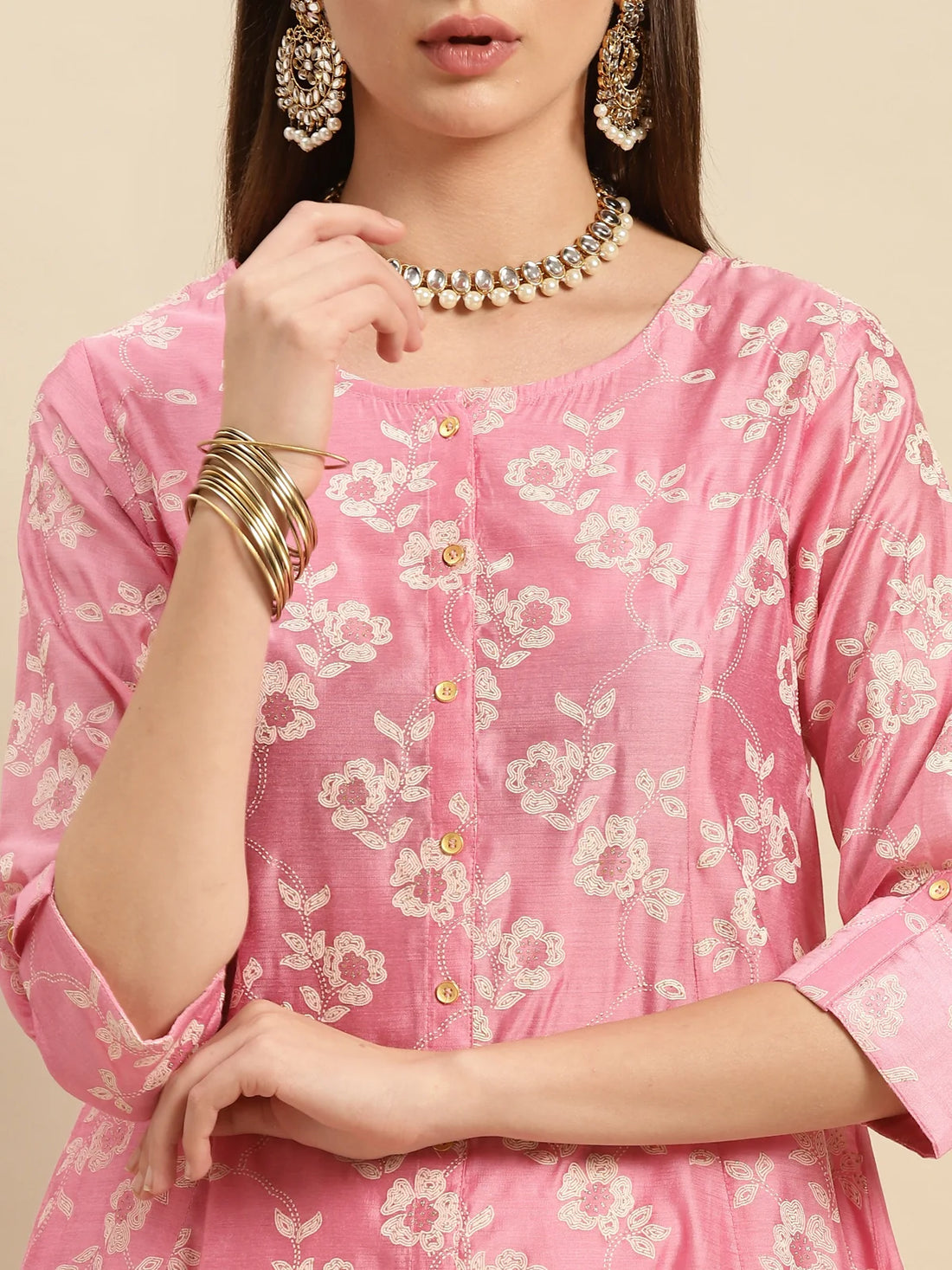 Buy Chanderi Gold Puff Printed Calf Length Partywear Kalidar Kurta-Pink