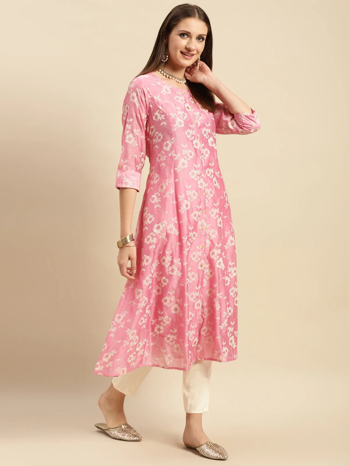 Buy Chanderi Gold Puff Printed Calf Length Partywear Kalidar Kurta-Pink