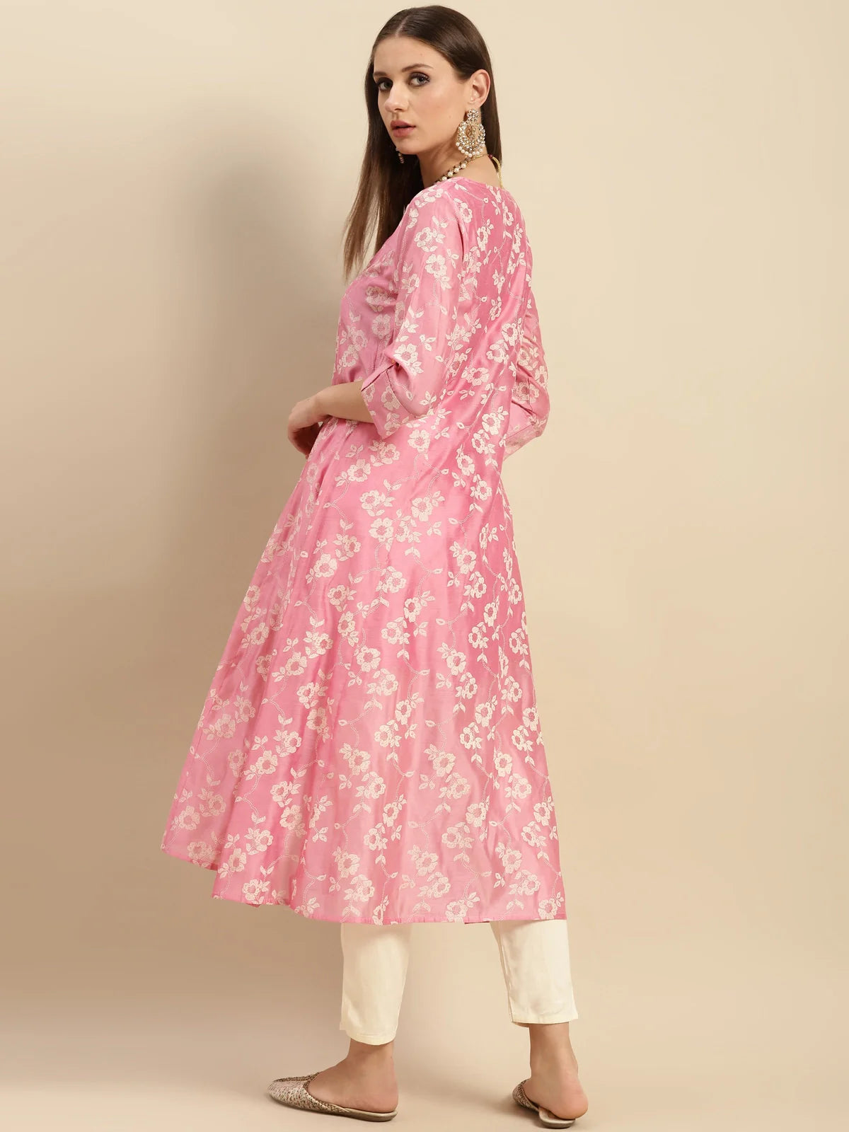 Buy Chanderi Gold Puff Printed Calf Length Partywear Kalidar Kurta-Pink