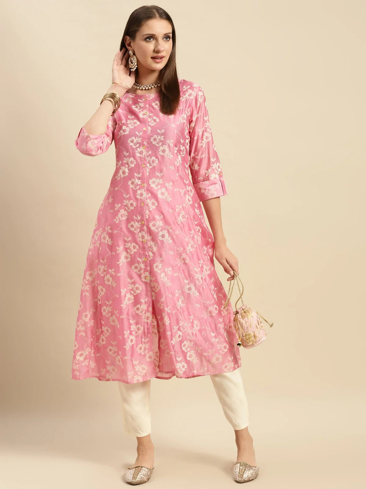 Buy Chanderi Gold Puff Printed Calf Length Partywear Kalidar Kurta-Pink