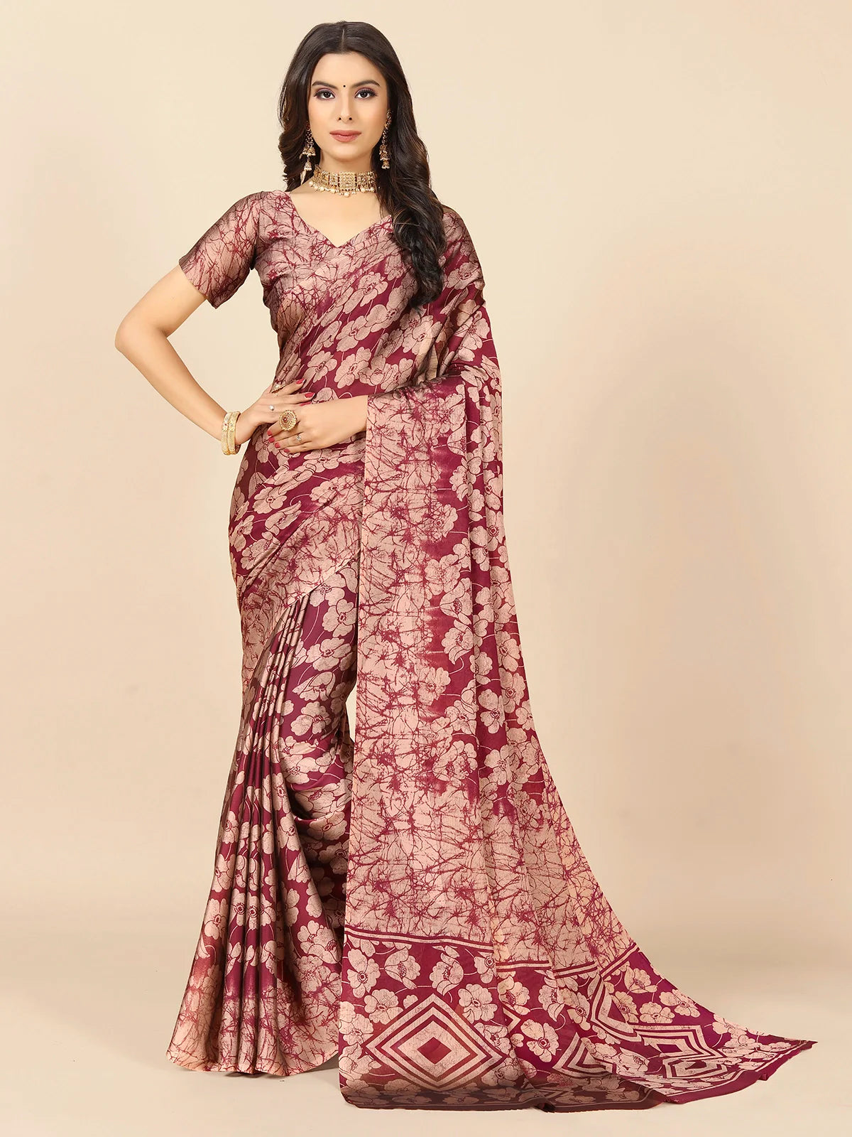 Buy Tie & Dye Floral Printed Chiffon Saree With Blouse Piece-Maroon