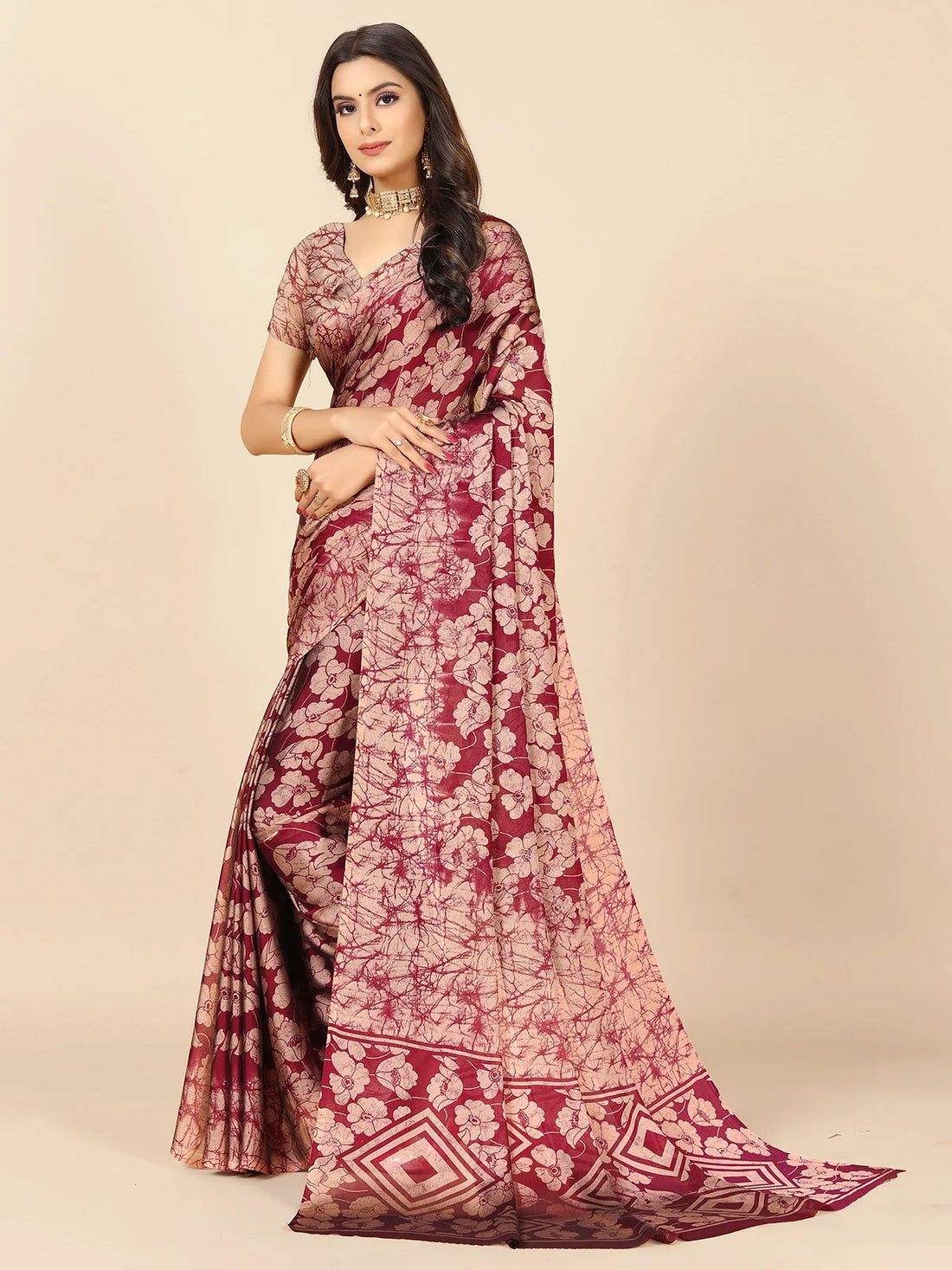 Buy Tie & Dye Floral Printed Chiffon Saree With Blouse Piece-Maroon