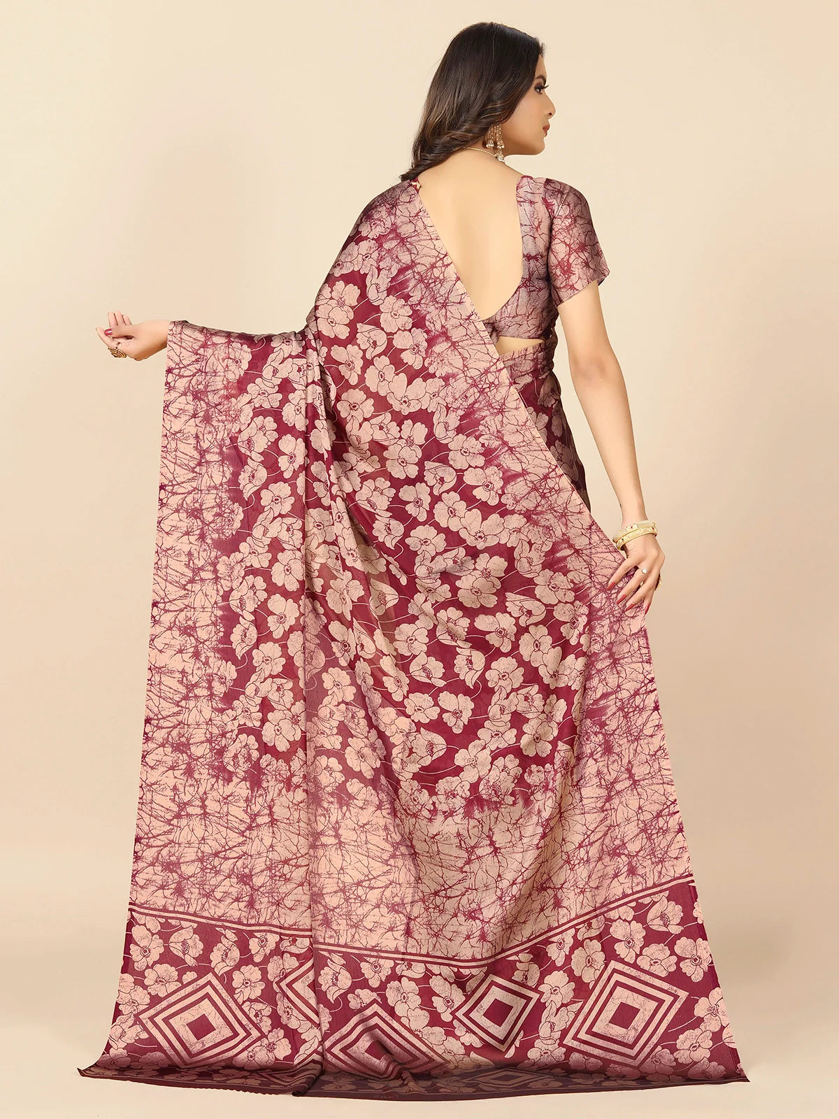 Buy Tie & Dye Floral Printed Chiffon Saree With Blouse Piece-Maroon