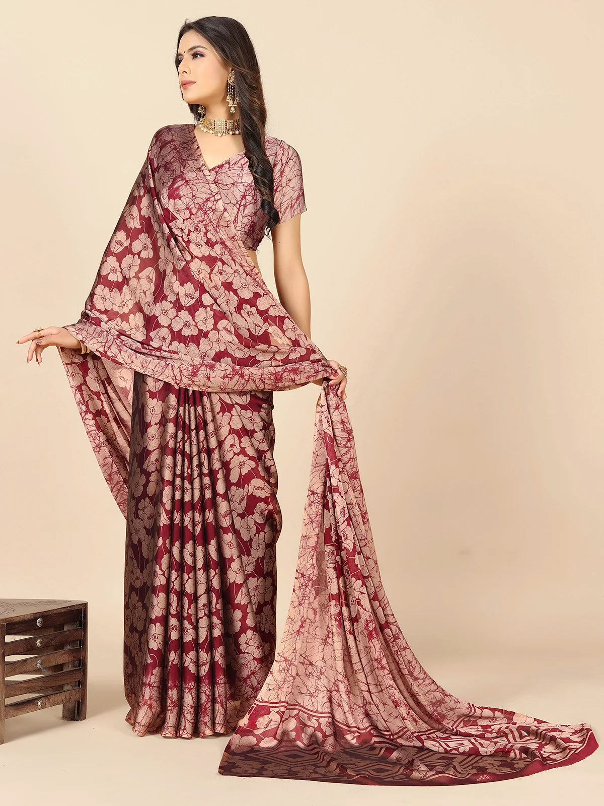 Buy Tie & Dye Floral Printed Chiffon Saree With Blouse Piece-Maroon