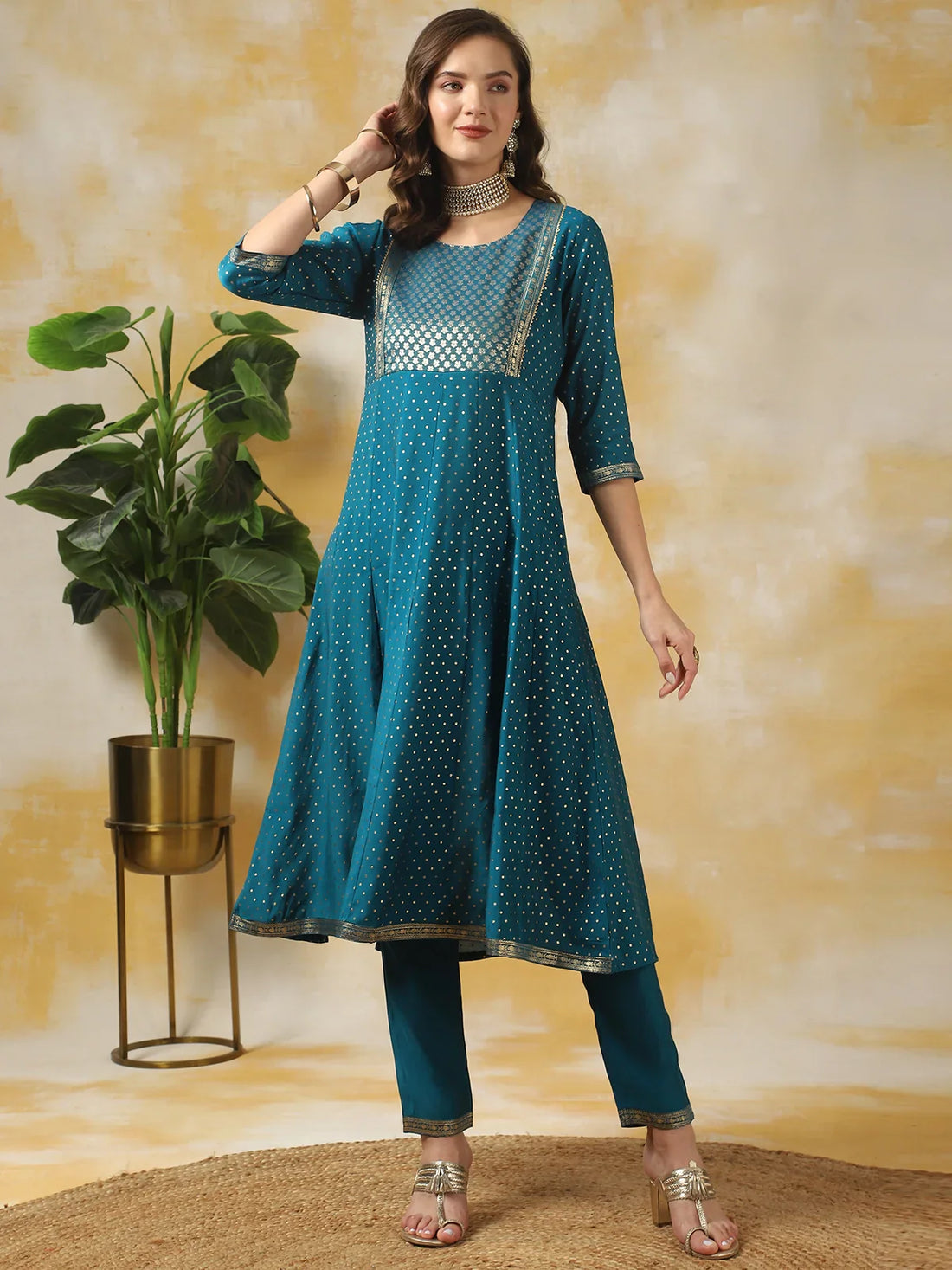 Buy Silk Gold Printed Calf Length Anarkali Kurta With Pant-Blue