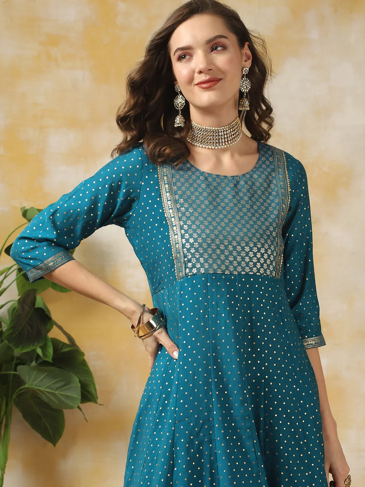 Buy Silk Gold Printed Calf Length Anarkali Kurta With Pant-Blue