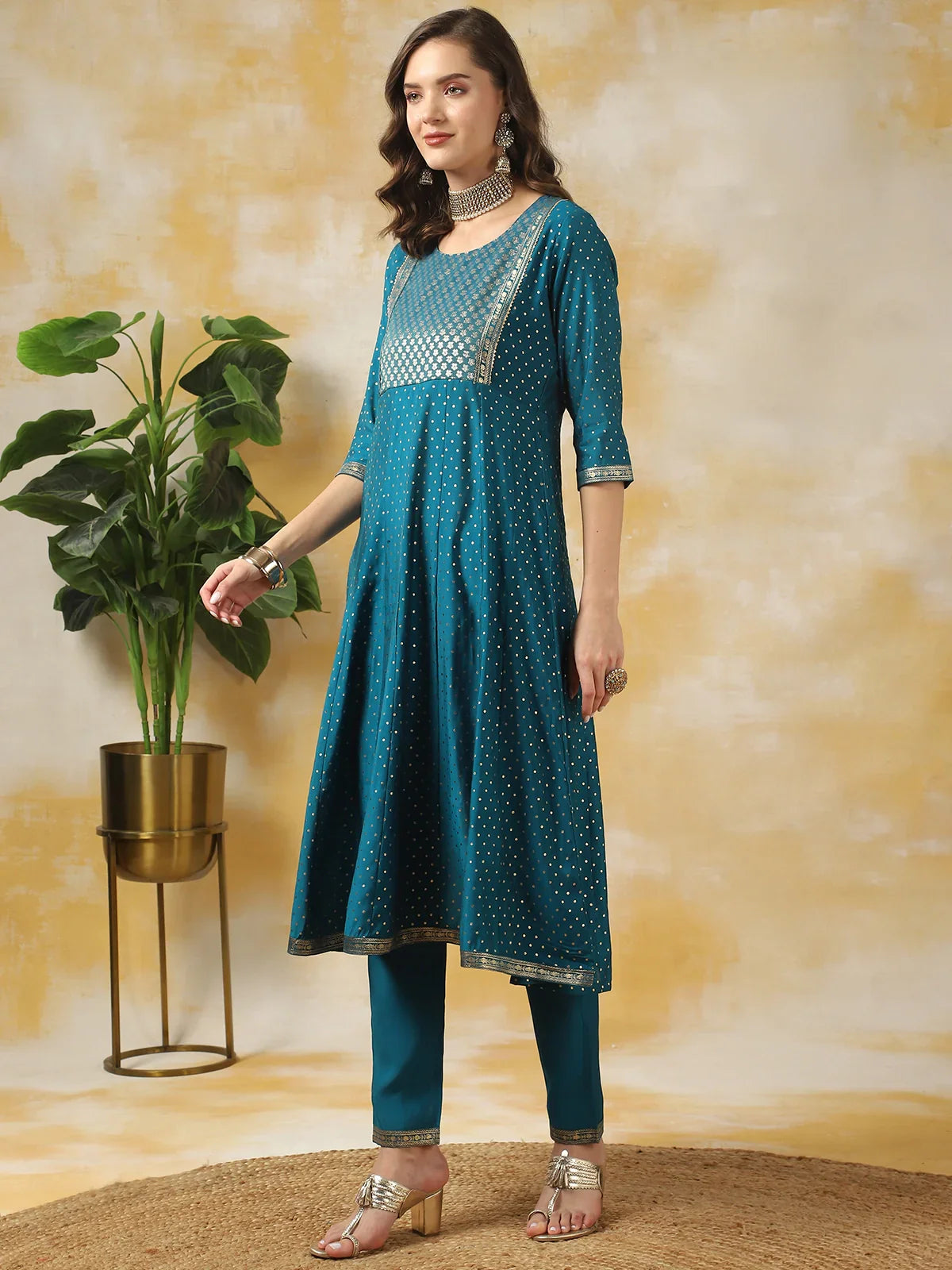 Buy Silk Gold Printed Calf Length Anarkali Kurta With Pant-Blue