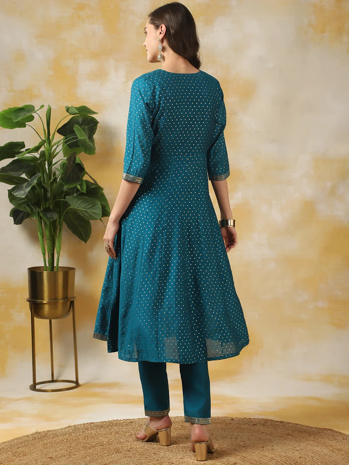 Buy Silk Gold Printed Calf Length Anarkali Kurta With Pant-Blue