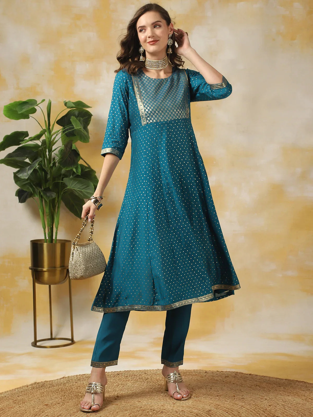 Buy Silk Gold Printed Calf Length Anarkali Kurta With Pant-Blue