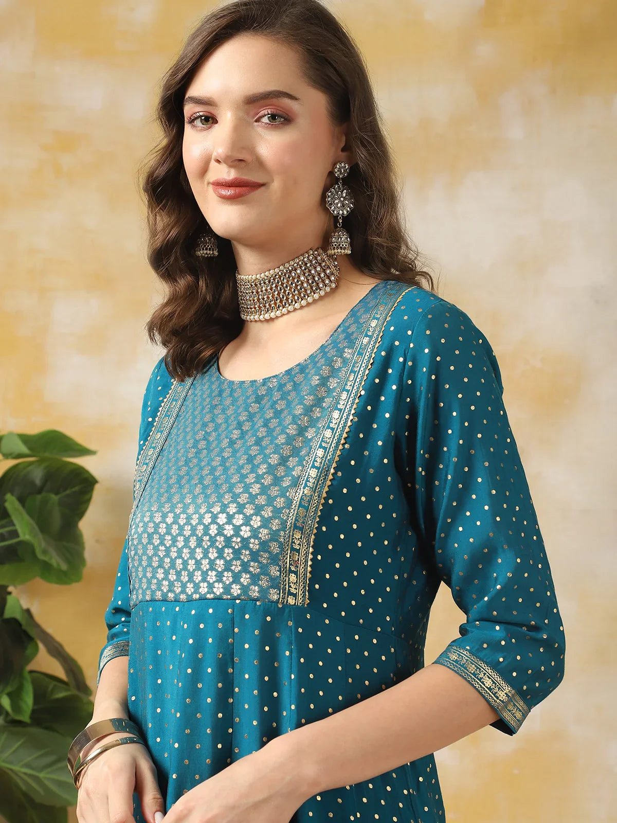 Buy Silk Gold Printed Calf Length Anarkali Kurta With Pant-Blue