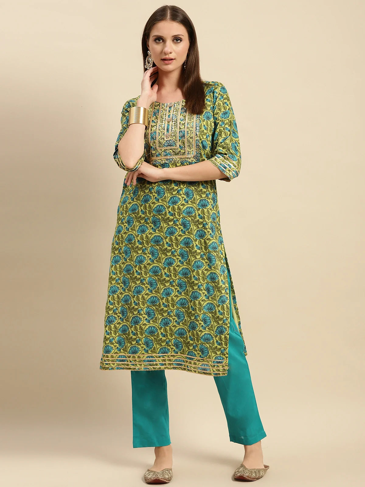 Buy 100% Cotton Yoke Embroidered Ethnic Print Calf Length Straight Kurta With Pant-Green