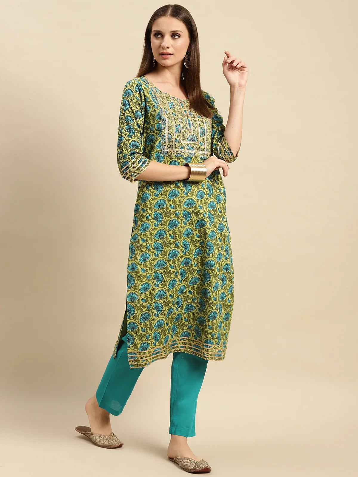 Buy 100% Cotton Yoke Embroidered Ethnic Print Calf Length Straight Kurta With Pant-Green