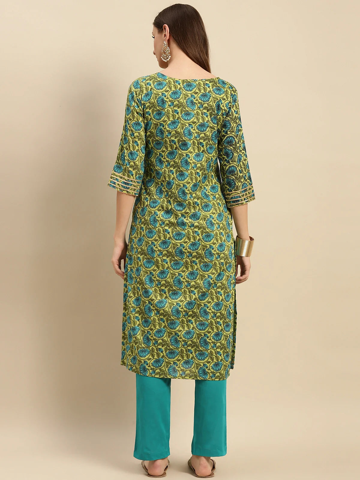 Buy 100% Cotton Yoke Embroidered Ethnic Print Calf Length Straight Kurta With Pant-Green