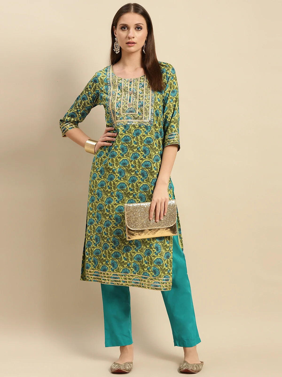 Buy 100% Cotton Yoke Embroidered Ethnic Print Calf Length Straight Kurta With Pant-Green