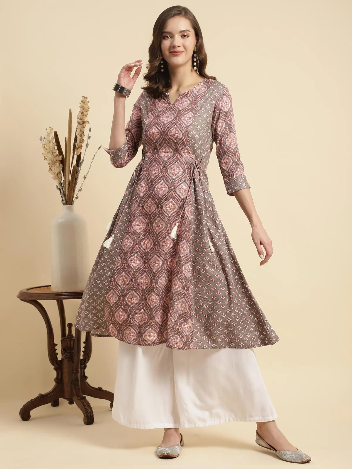 Buy Rayon Ethnic Printed Calf Length Flared Kurta-Rust