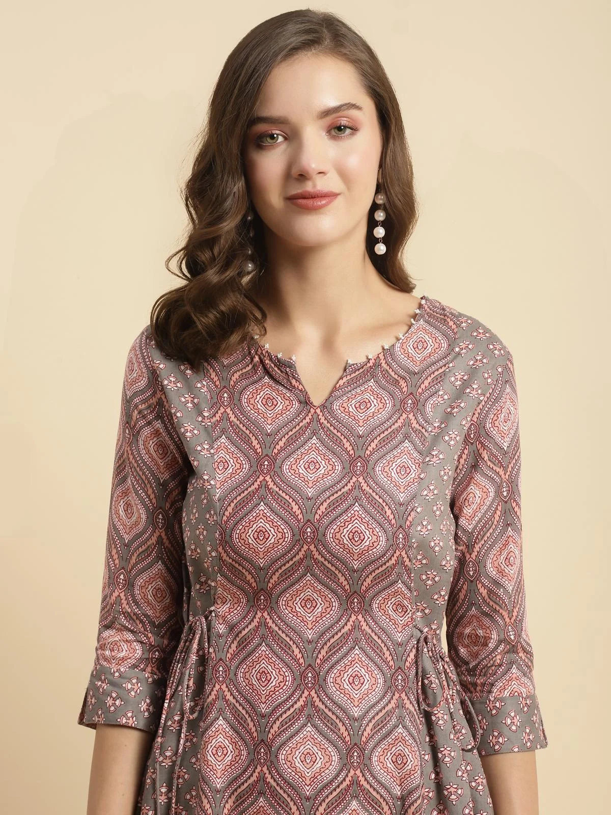 Buy Rayon Ethnic Printed Calf Length Flared Kurta-Rust