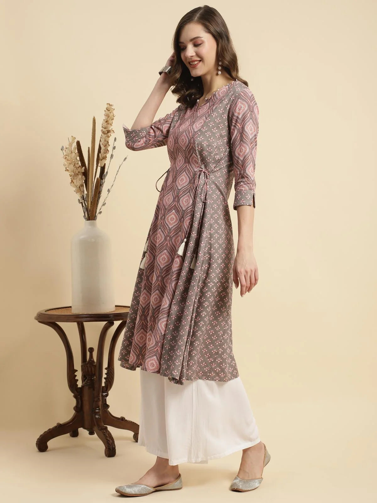 Buy Rayon Ethnic Printed Calf Length Flared Kurta-Rust