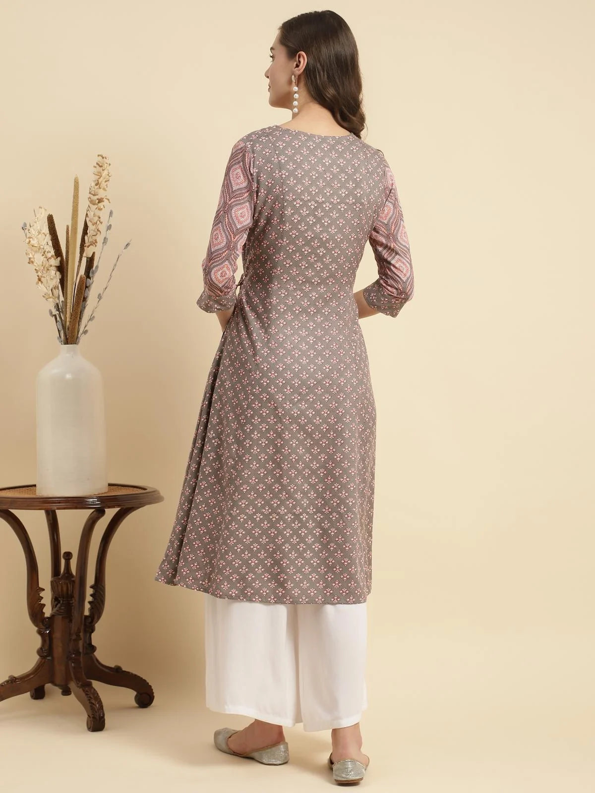 Buy Rayon Ethnic Printed Calf Length Flared Kurta-Rust