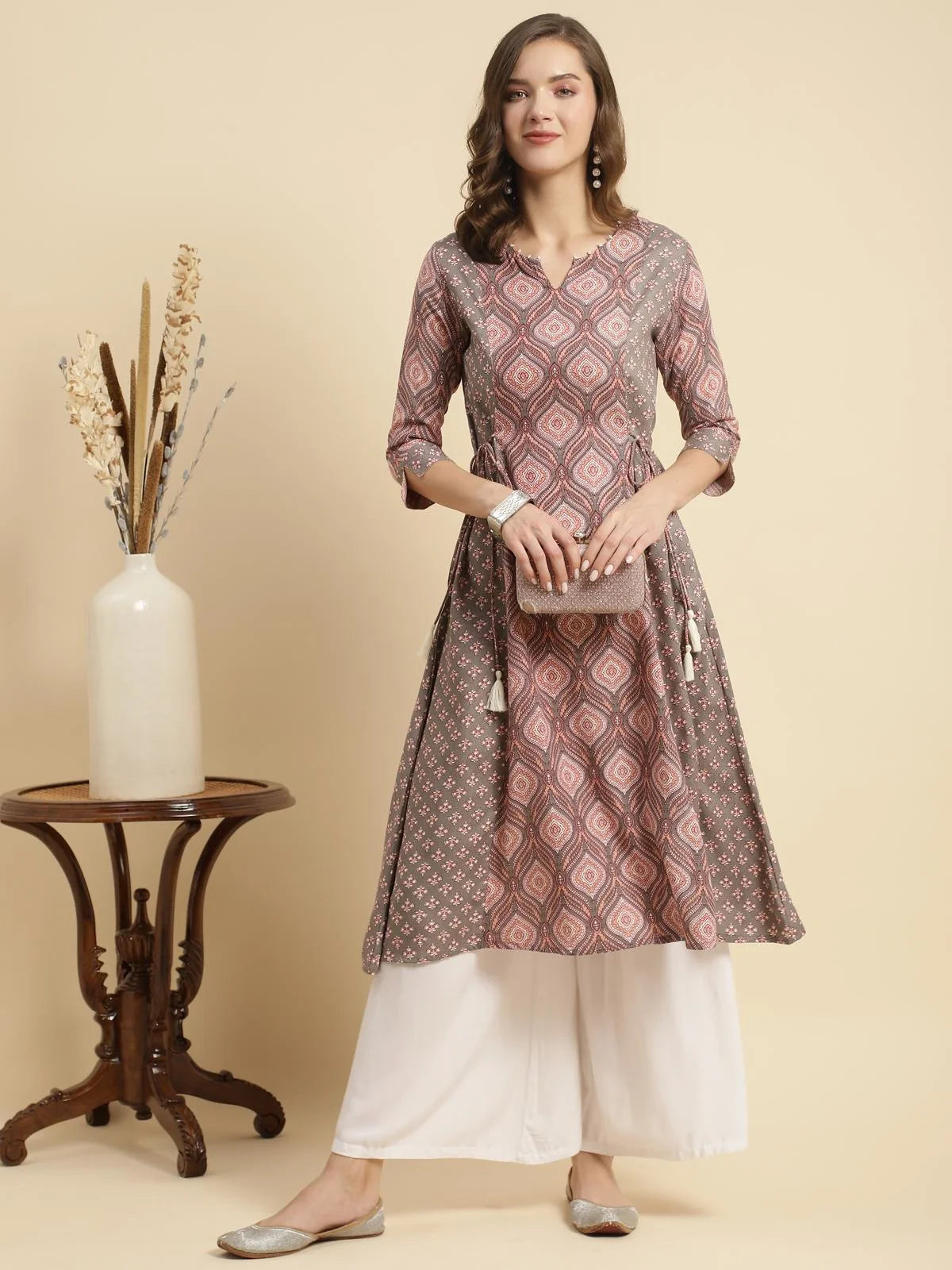 Buy Rayon Ethnic Printed Calf Length Flared Kurta-Rust