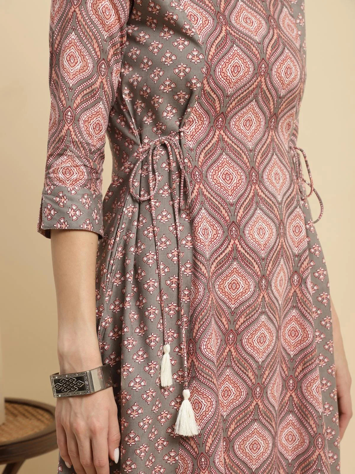 Buy Rayon Ethnic Printed Calf Length Flared Kurta-Rust