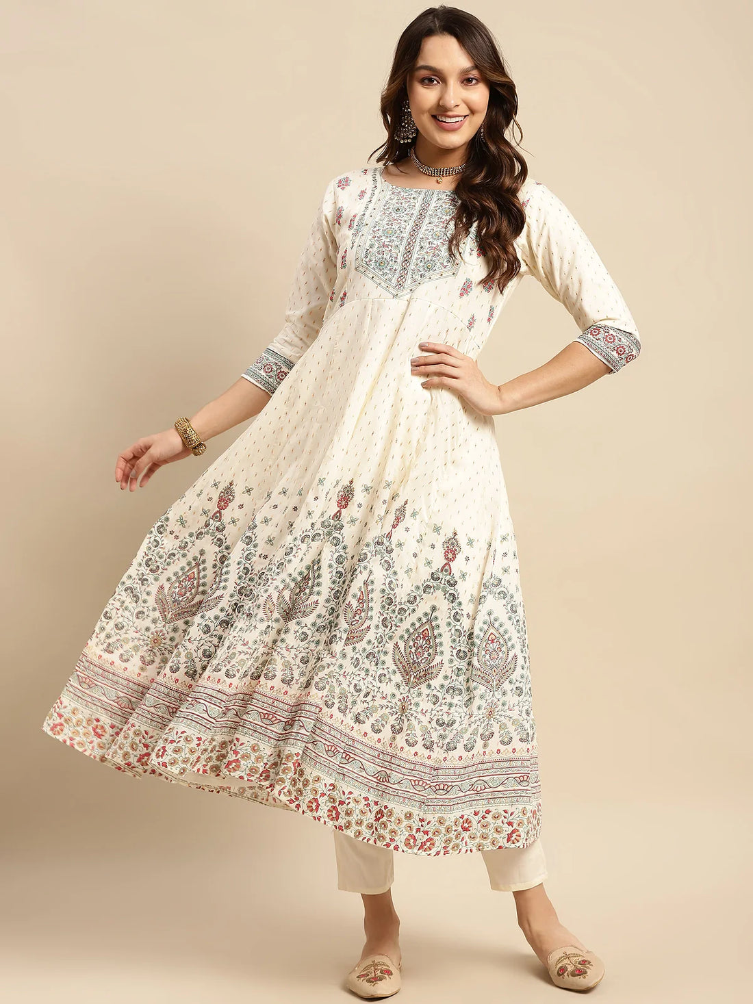 Buy Cotton Embellished Yoke Calf Length Anarkali Kurta-Cream