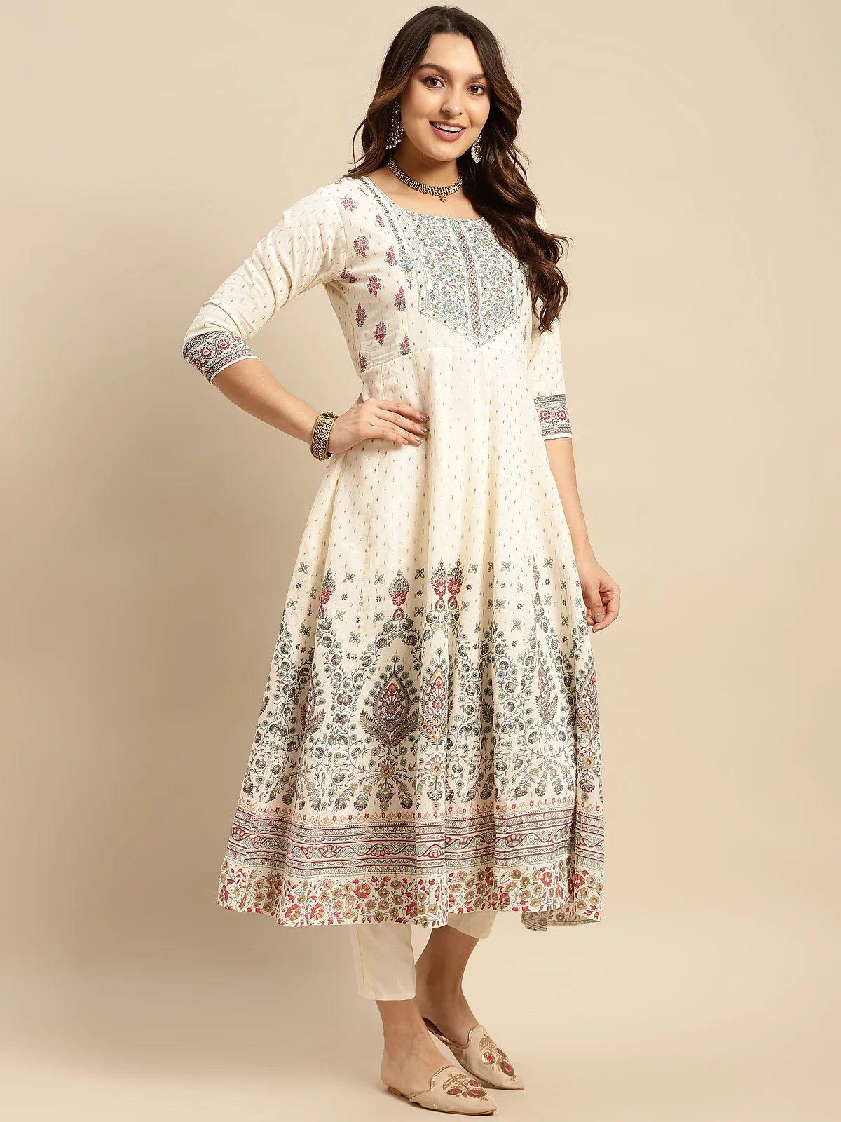 Buy Cotton Embellished Yoke Calf Length Anarkali Kurta-Cream