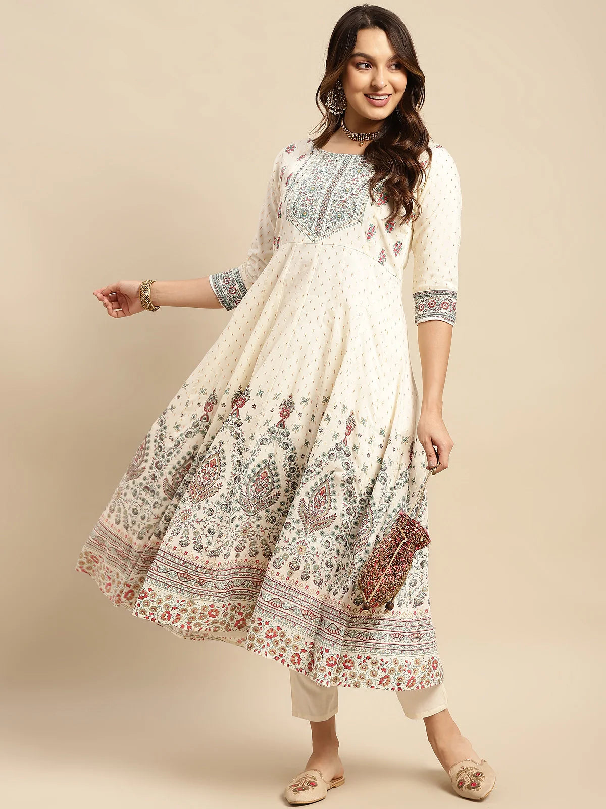 Buy Cotton Embellished Yoke Calf Length Anarkali Kurta-Cream