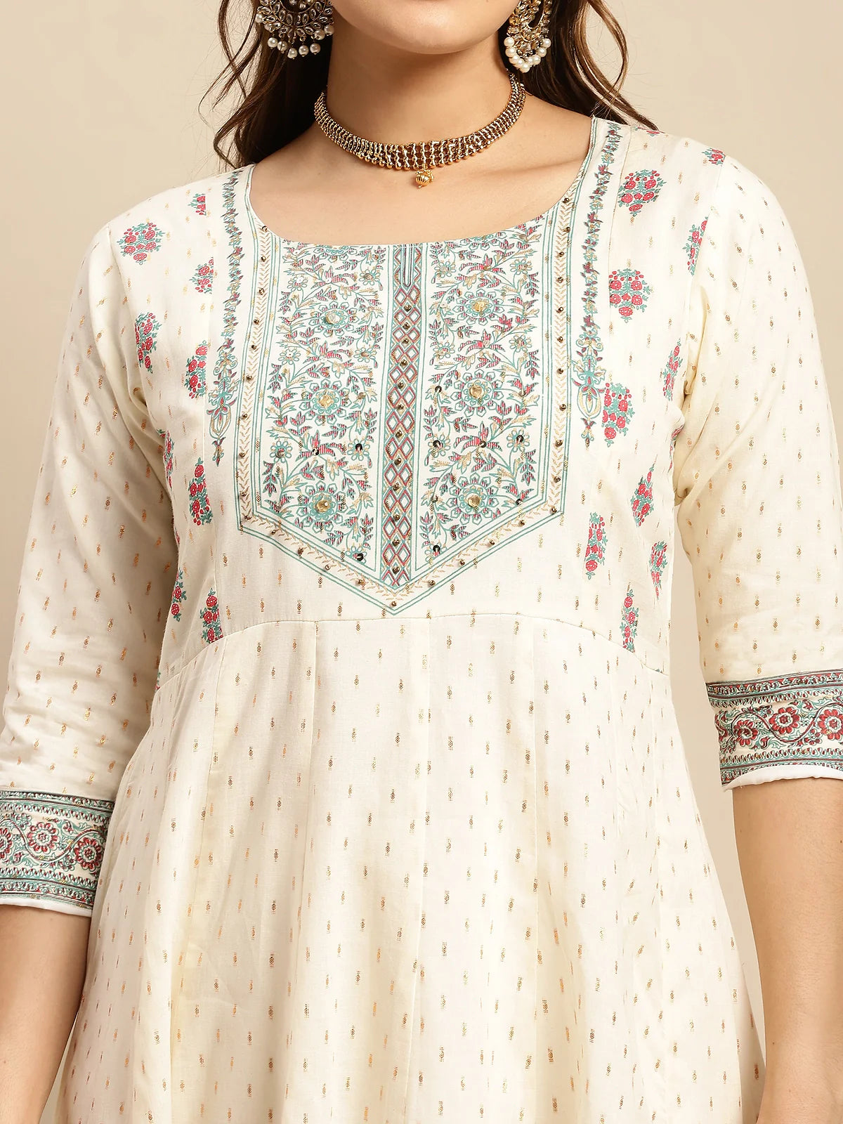 Buy Cotton Embellished Yoke Calf Length Anarkali Kurta-Cream