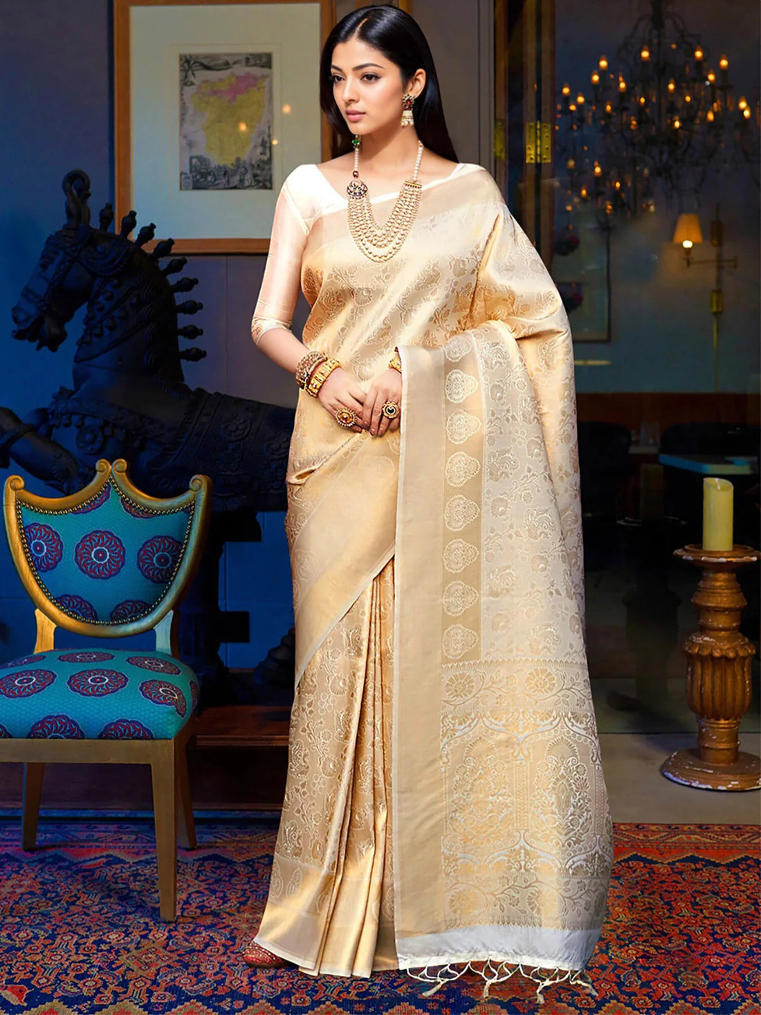 Buy Zari Work Woven Banarasi Silk Saree With Blouse Piece-Cream