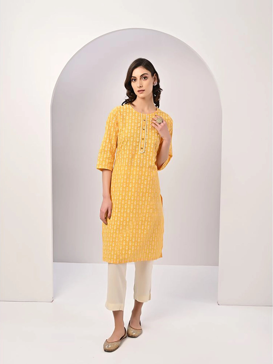 Buy 100% Cotton Ethnic Printed Tonal Placket Knee Length Straight Kurta-Mustard