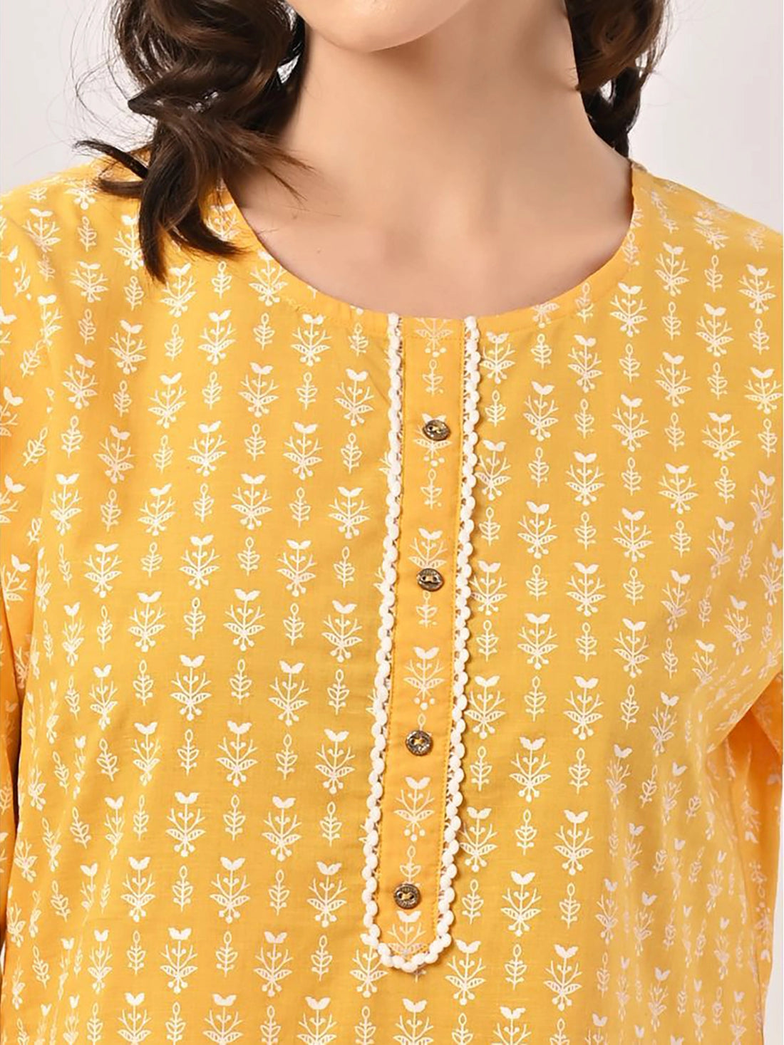 Buy 100% Cotton Ethnic Printed Tonal Placket Knee Length Straight Kurta-Mustard