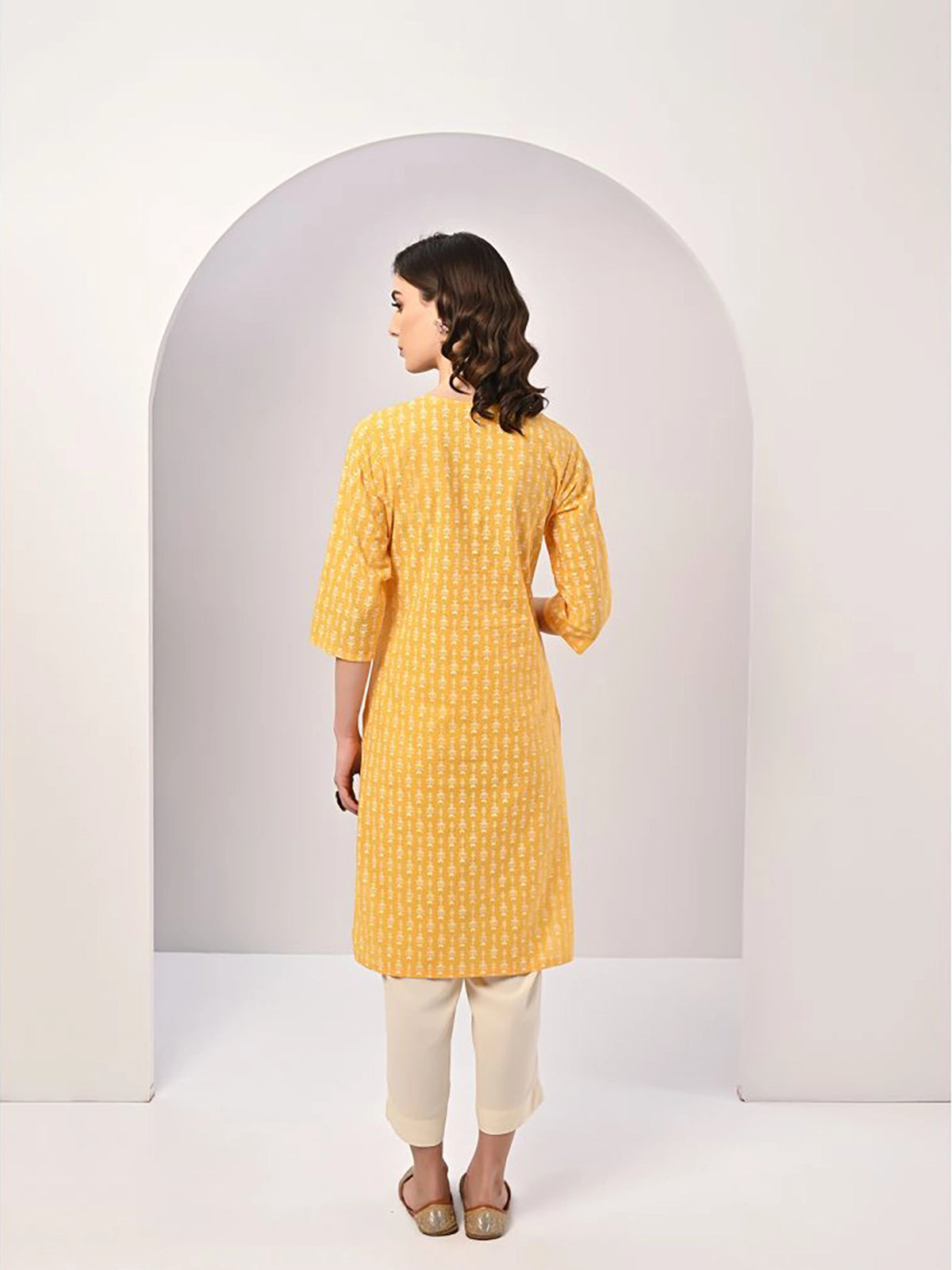 Buy 100% Cotton Ethnic Printed Tonal Placket Knee Length Straight Kurta-Mustard