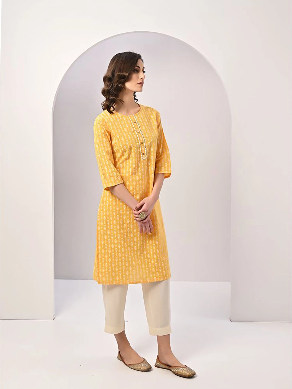 Buy 100% Cotton Ethnic Printed Tonal Placket Knee Length Straight Kurta-Mustard