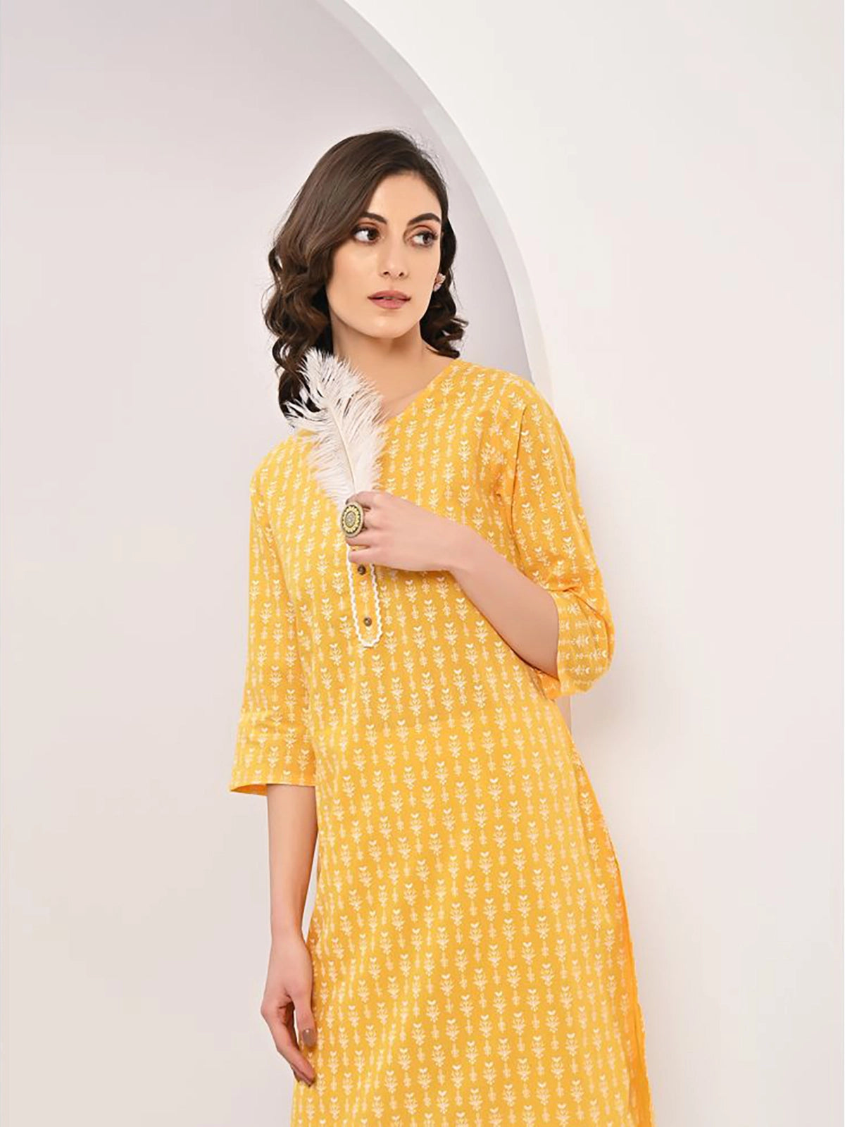 Buy 100% Cotton Ethnic Printed Tonal Placket Knee Length Straight Kurta-Mustard